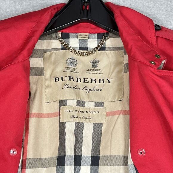 BURBERRY KENSINGTON Trench Coat Nova Check Lined Red Long Jacket Women Size 10 - Picture 5 of 16